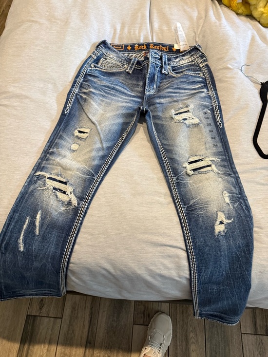 Rock Revival Denim - Rock Revival Navy Blue Distressed Jeans with White Stitching